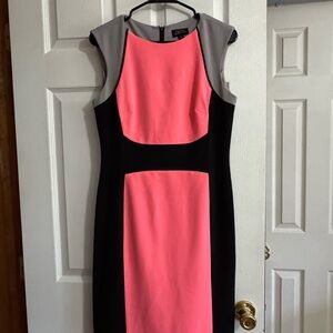 Tahari Colorblock Pink, Black & Gray Midi Sheath Dress